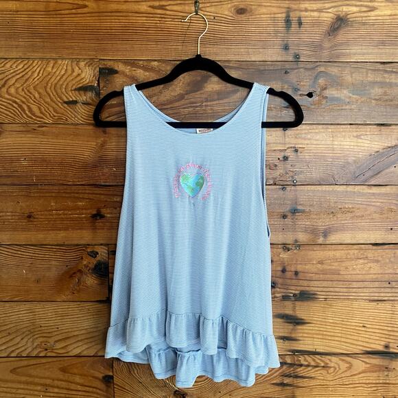 EARTH DAY SHIRT blue embroidered ruffled tank - Picture 3 of 5